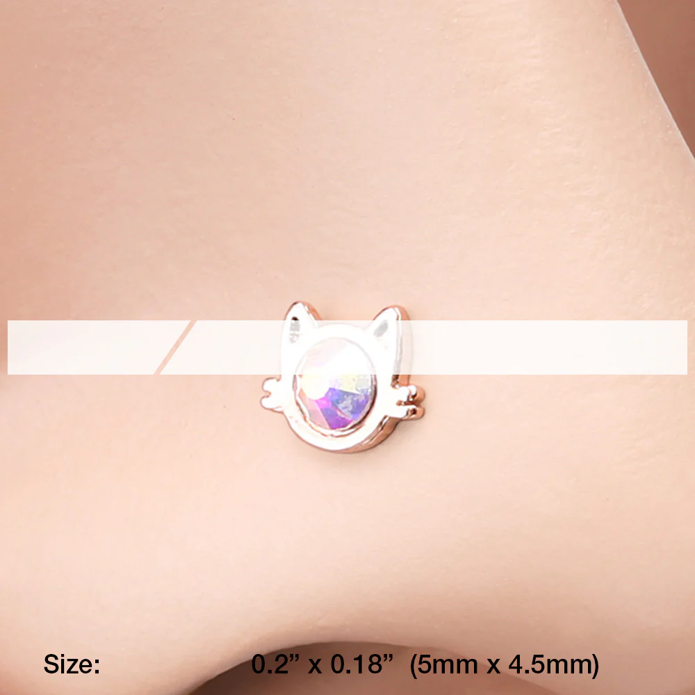 Rose Gold Adorable Cat Face Iridescent Sparkle L-Shaped Nose Ring - Image 3