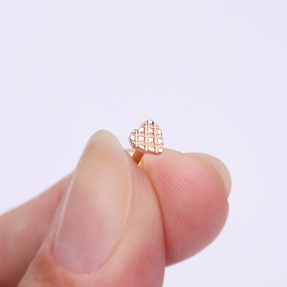 Rose Gold Adorable Heart Embossed Top Internally Threaded Steel Flat Back Stud Labret - Image 3