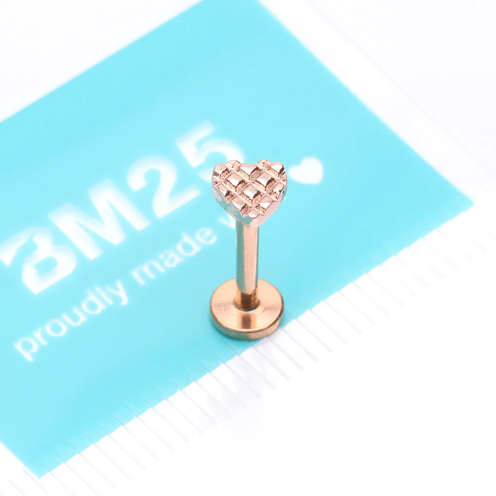 Rose Gold Adorable Heart Embossed Top Internally Threaded Steel Flat Back Stud Labret - Image 4