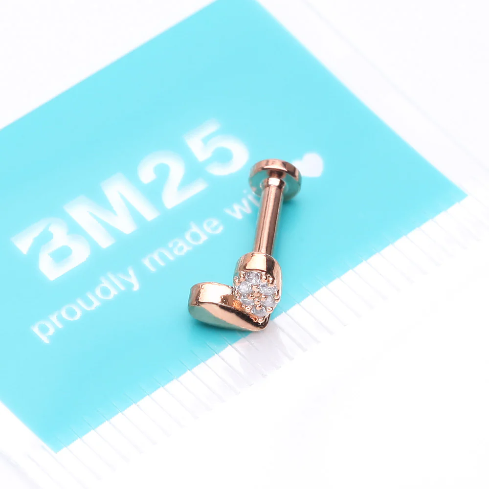 Rose Gold Adorable Heart Sprout Sparkle Internally Threaded Steel Flat Back Stud Labret - Image 4