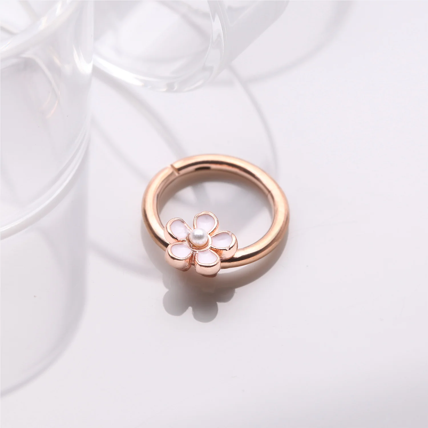 Rose Gold Adorable Pearlescent Flower Clicker Hoop Ring - Image 2