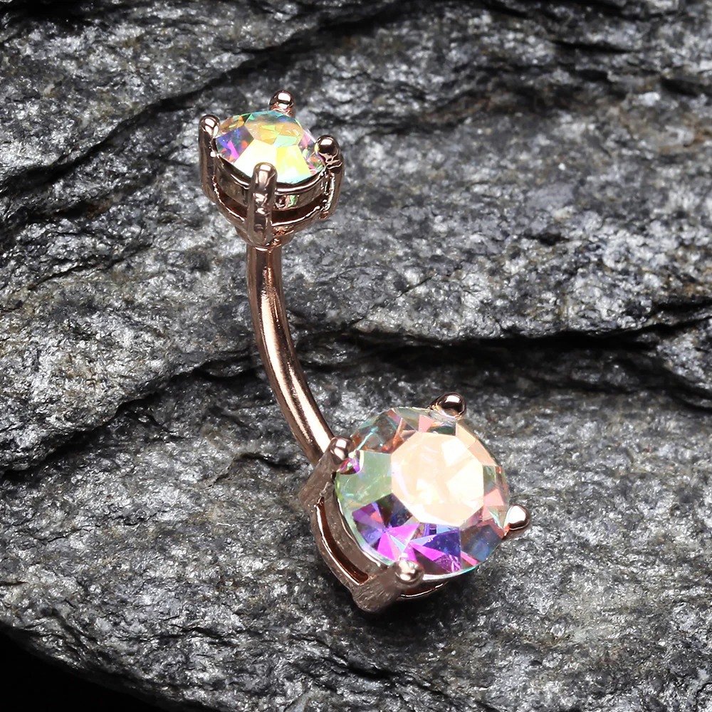 Rose Gold Aurora Sparkle Prong Set Belly Button Ring - Image 3