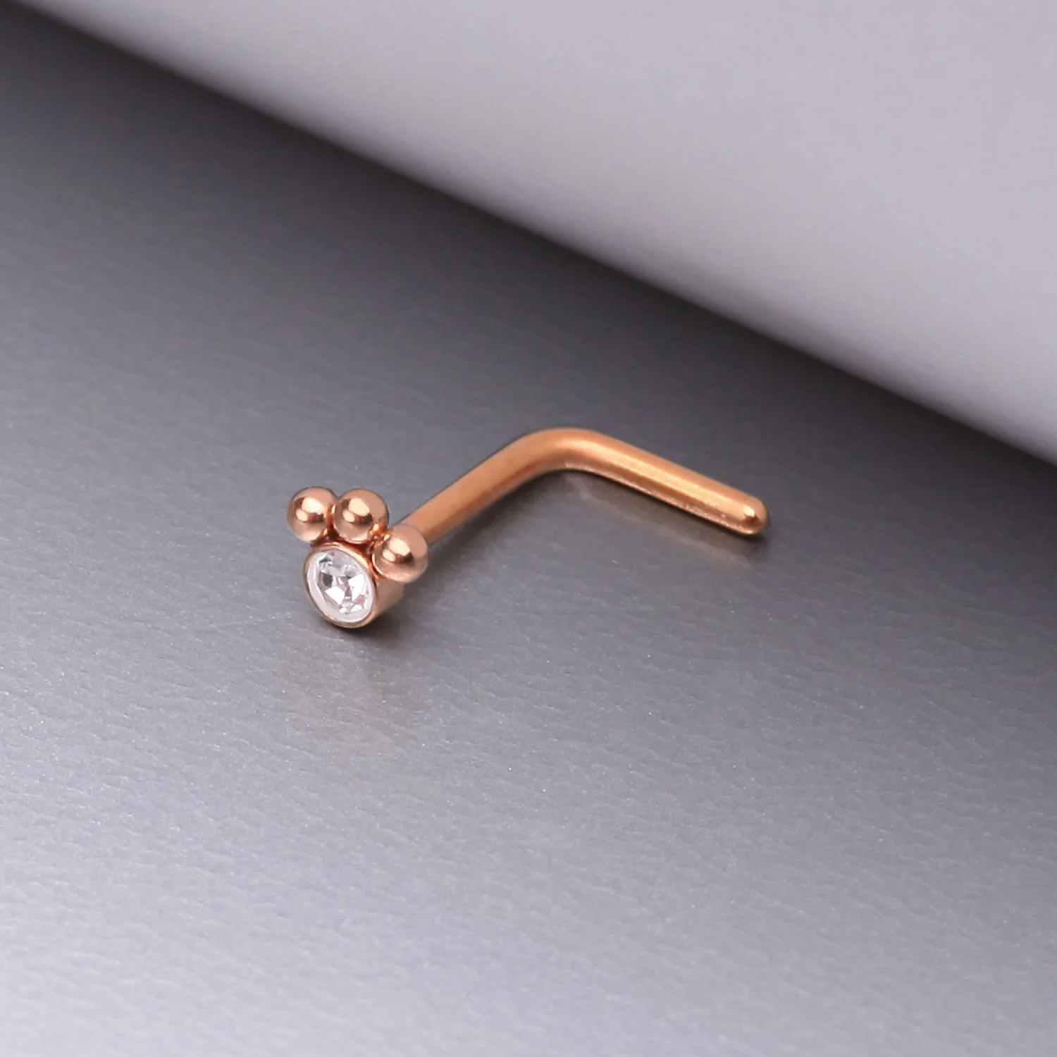 Rose Gold Bali Beads Sparkle Steel L-Shaped Nose Ring - Image 2