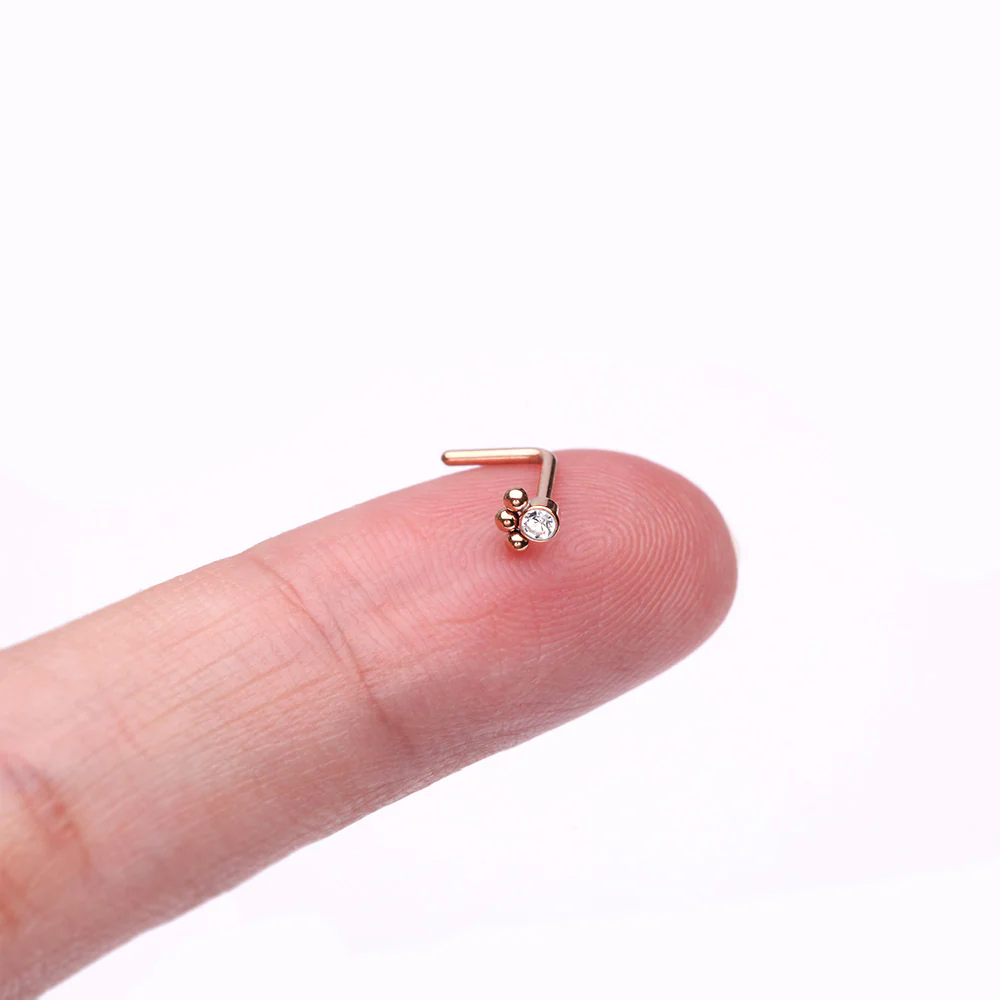 Rose Gold Bali Beads Sparkle Steel L-Shaped Nose Ring - Image 3