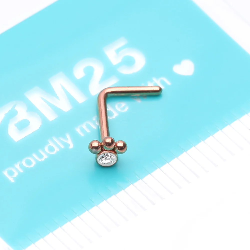 Rose Gold Bali Beads Sparkle Steel L-Shaped Nose Ring - Image 4