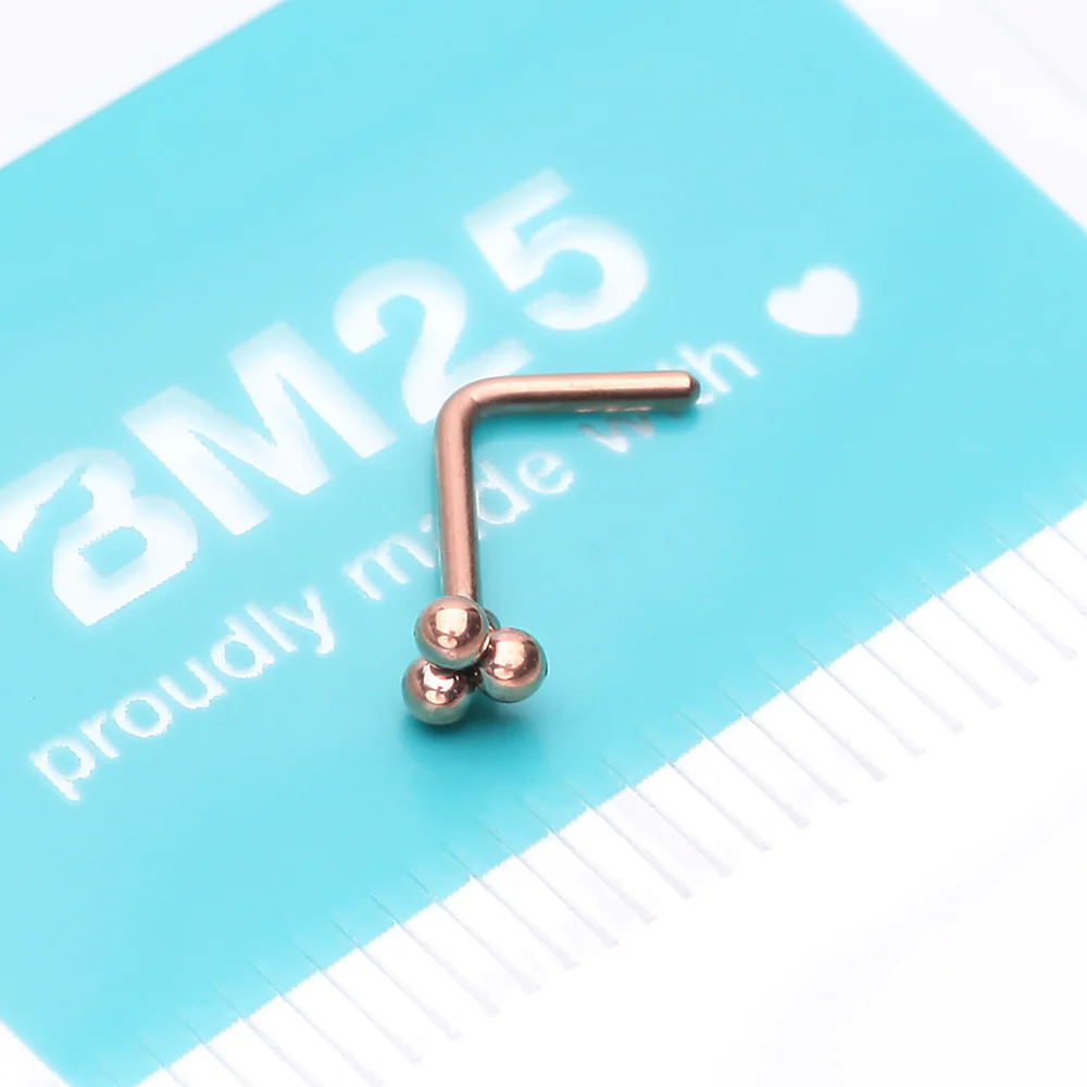 Rose Gold Bali Beads Trinity Steel L-Shaped Nose Ring - Image 4