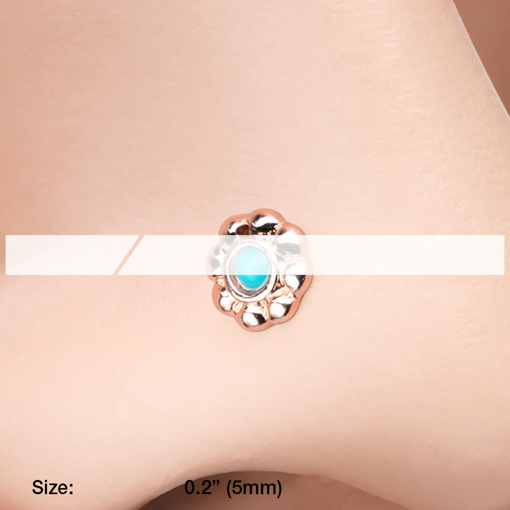 Rose Gold Bali Flower Turquoise L-Shaped Nose Ring - Image 3