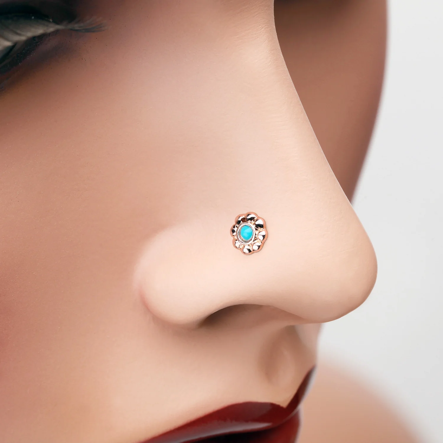 Rose Gold Bali Flower Turquoise Nose Stud Ring - Image 2