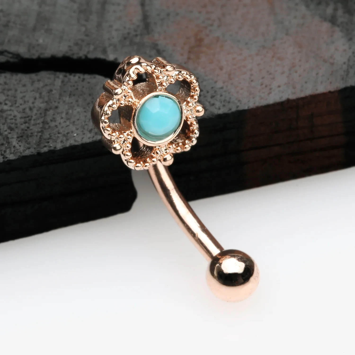 Rose Gold Bali Turquoise Filigree Flower Curved Barbell - Image 2