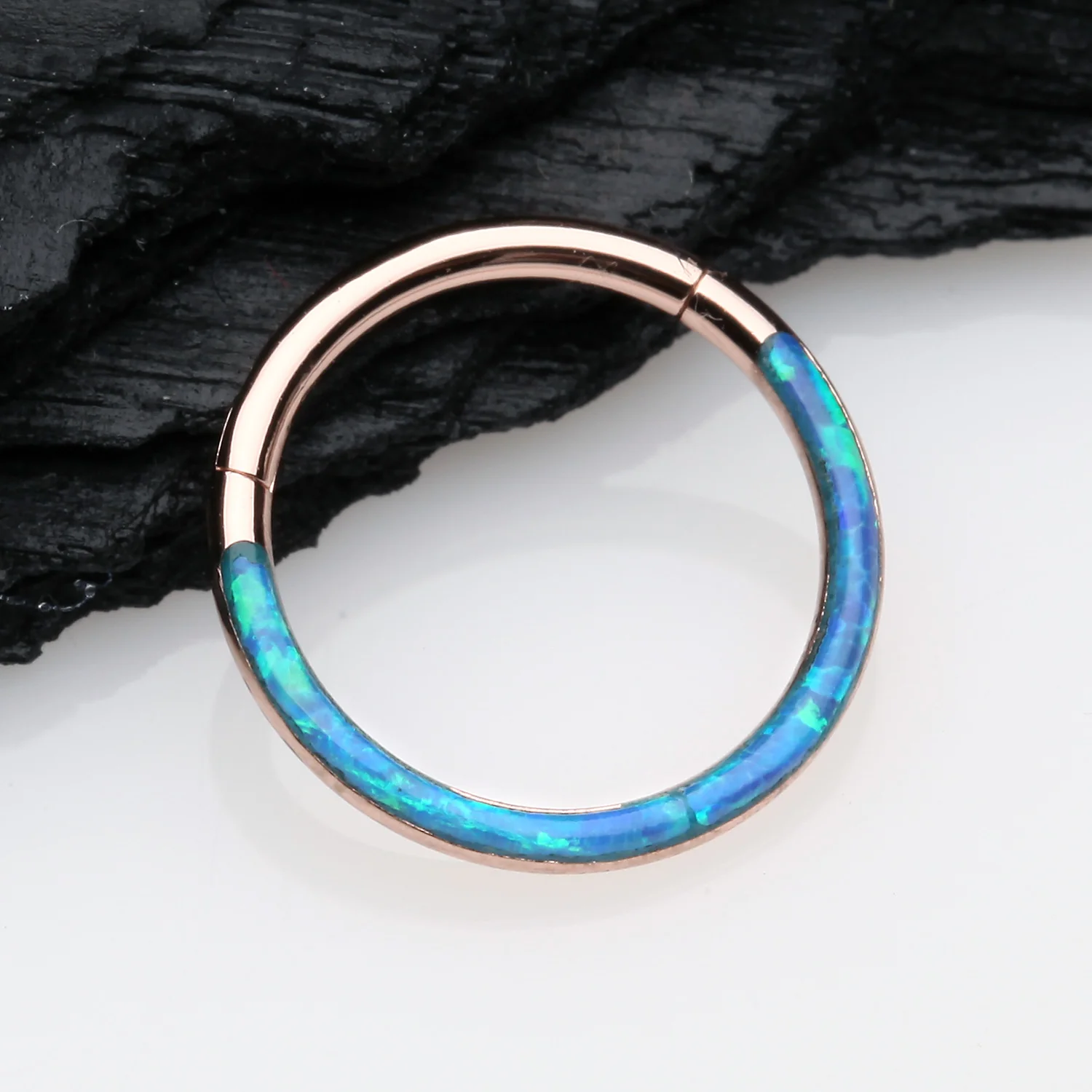 Rose Gold Brilliant Fire Opal Lined Front Facing Seamless Clicker Hoop Ring - Image 2
