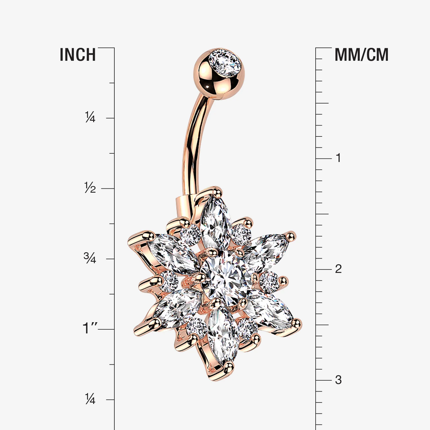 Rose Gold Brilliant Marquise Petal Flower Sparkle Belly Button Ring - Image 2