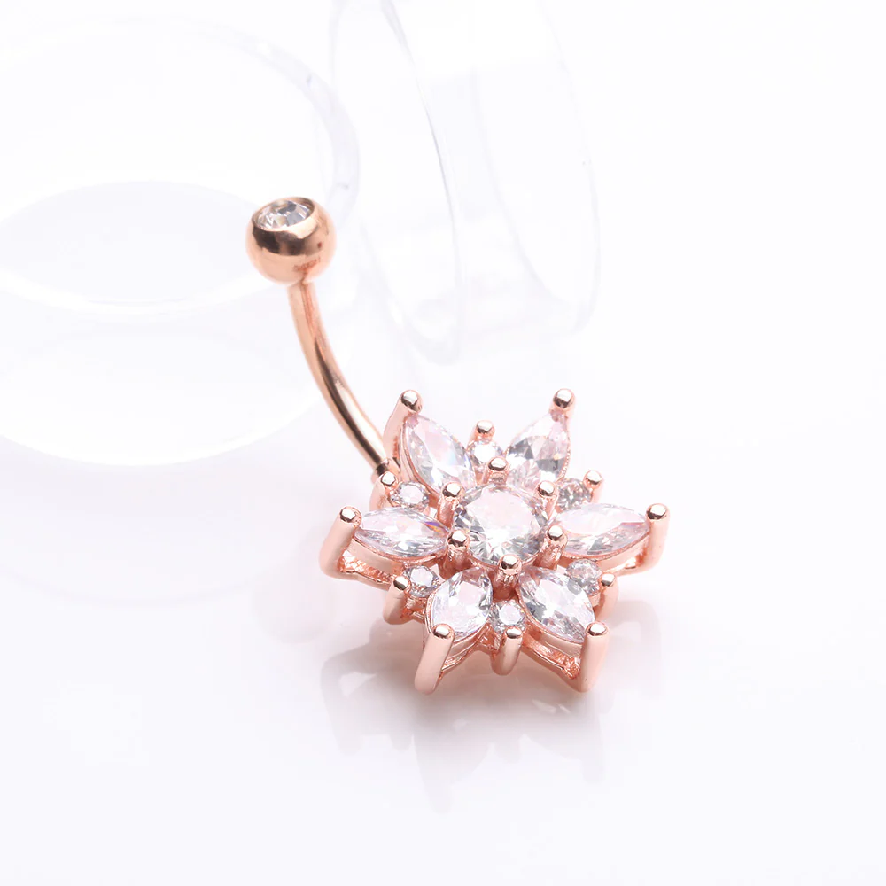Rose Gold Brilliant Marquise Petal Flower Sparkle Belly Button Ring - Image 3