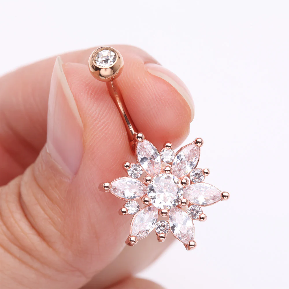 Rose Gold Brilliant Marquise Petal Flower Sparkle Belly Button Ring - Image 4