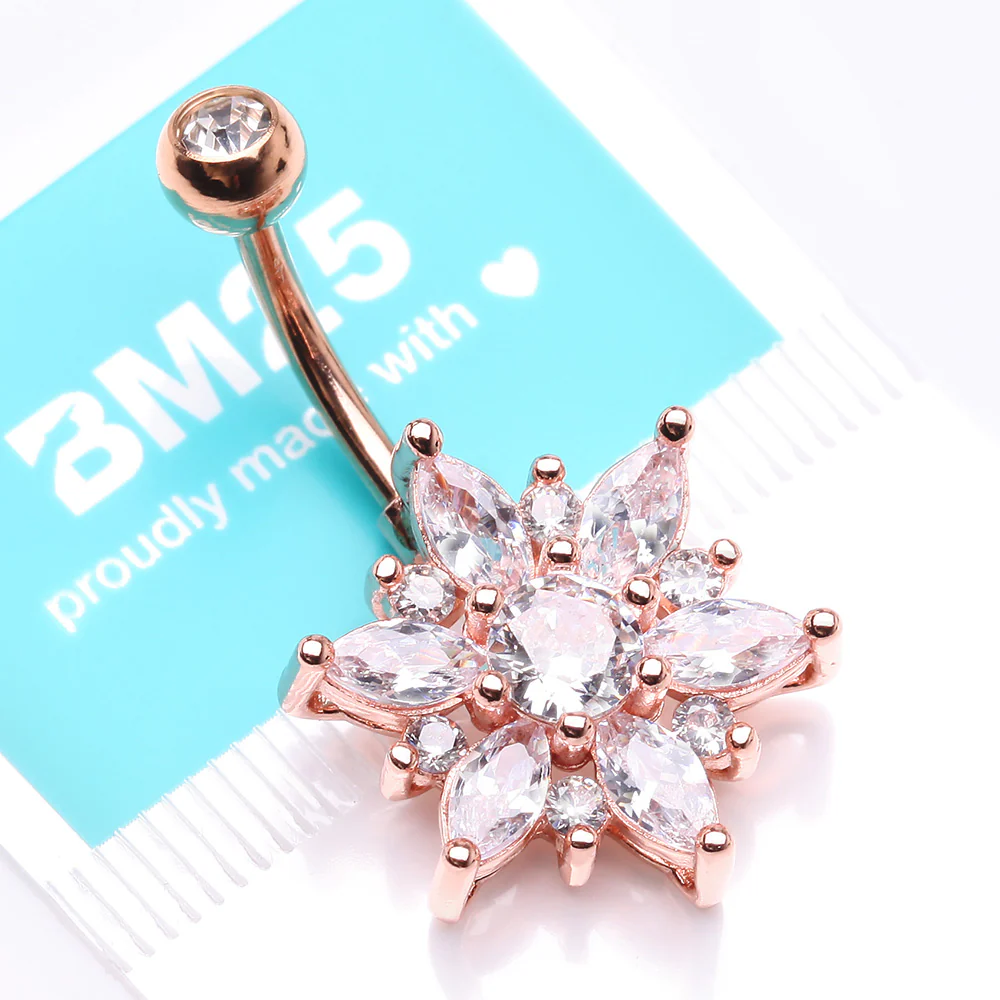 Rose Gold Brilliant Marquise Petal Flower Sparkle Belly Button Ring - Image 5