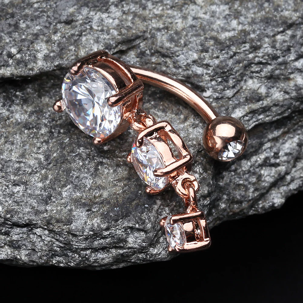 Rose Gold Brilliant Sparkle Cascading Gem Reverse Belly Button Ring - Image 4