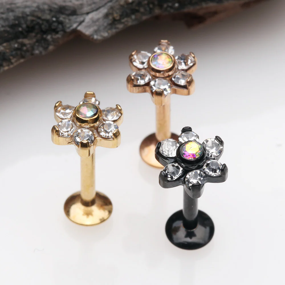 Rose Gold Brilliant Sparkle Flower Top Internally Threaded Steel Labret - Image 3