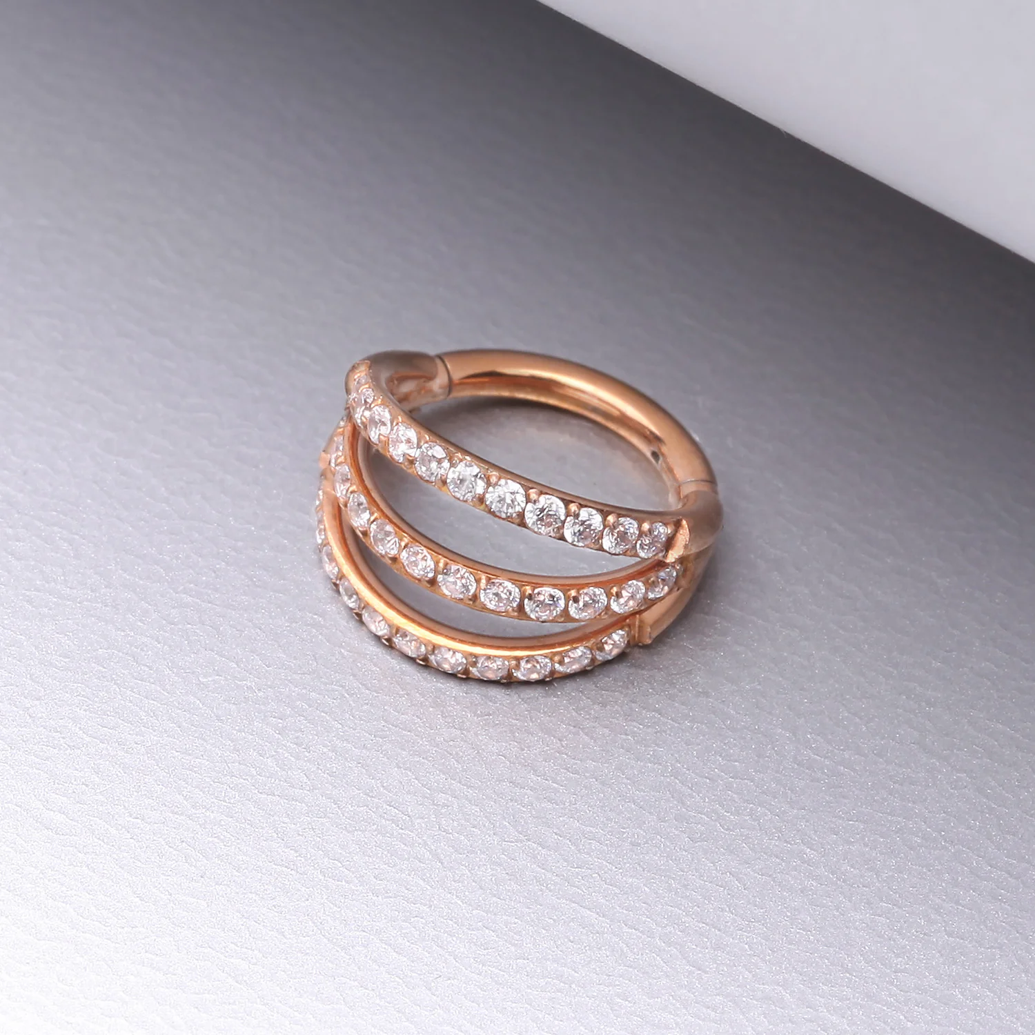 Rose Gold Brilliant Sparkle Gem Lined Triple Hoop Steel Seamless Clicker Hoop Ring - Image 2