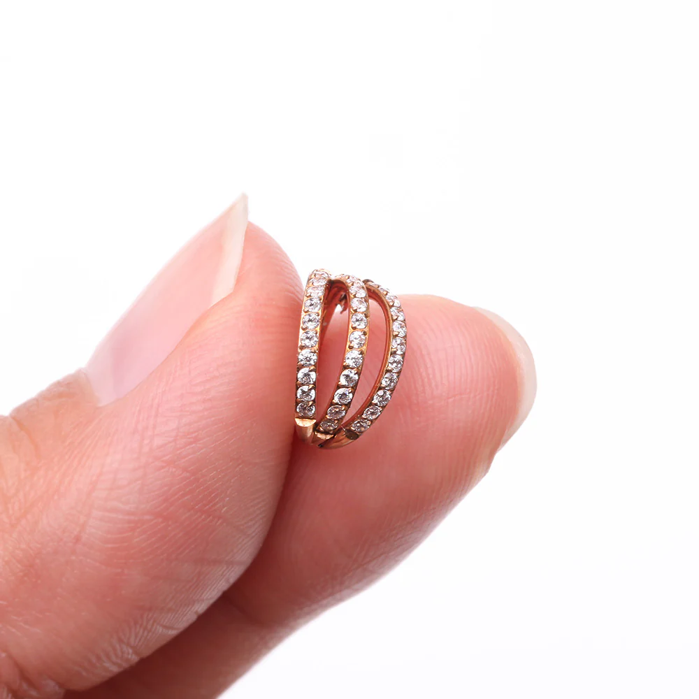 Rose Gold Brilliant Sparkle Gem Lined Triple Hoop Steel Seamless Clicker Hoop Ring - Image 3