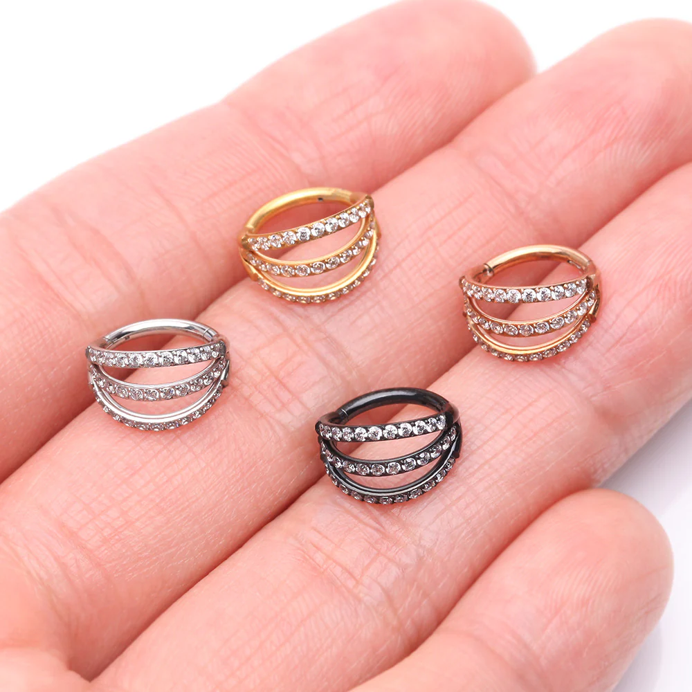 Rose Gold Brilliant Sparkle Gem Lined Triple Hoop Steel Seamless Clicker Hoop Ring - Image 4