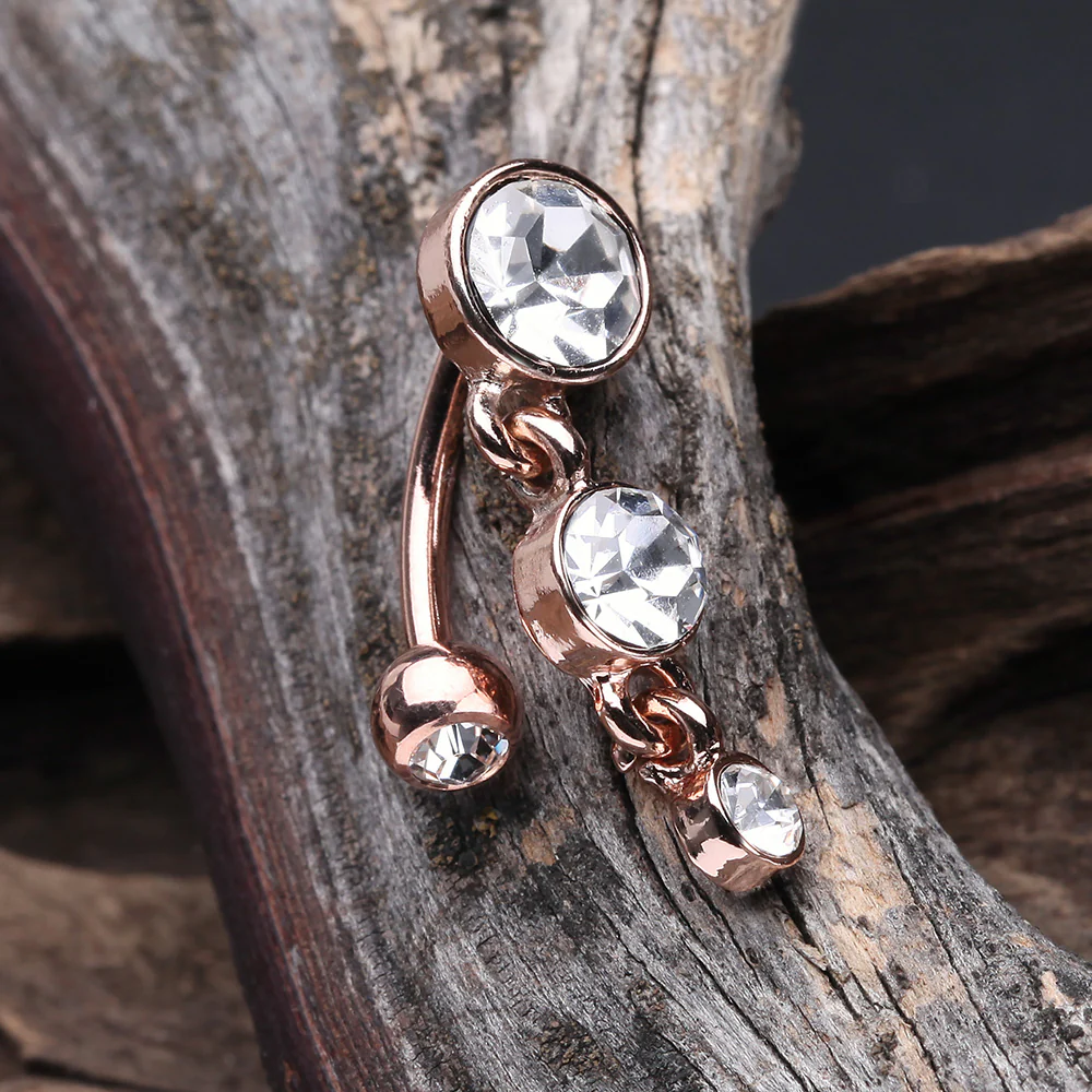 Rose Gold Brilliant Sparkle Triple Gem Reverse Belly Button Ring - Image 3