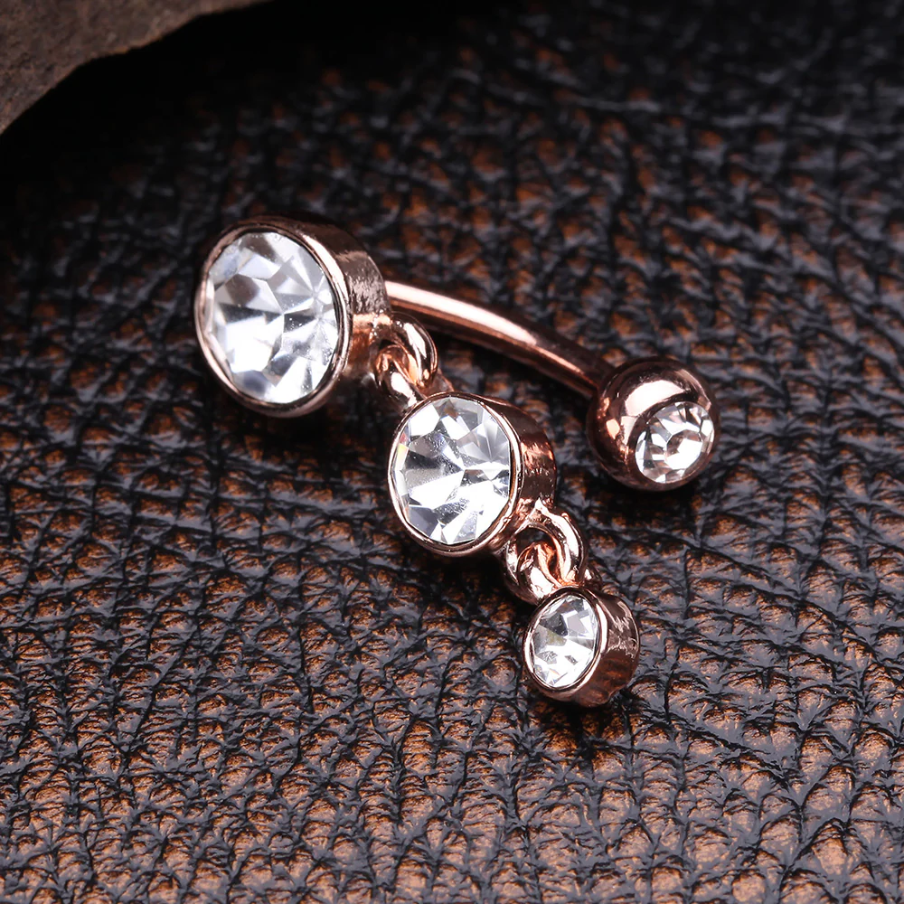 Rose Gold Brilliant Sparkle Triple Gem Reverse Belly Button Ring - Image 4