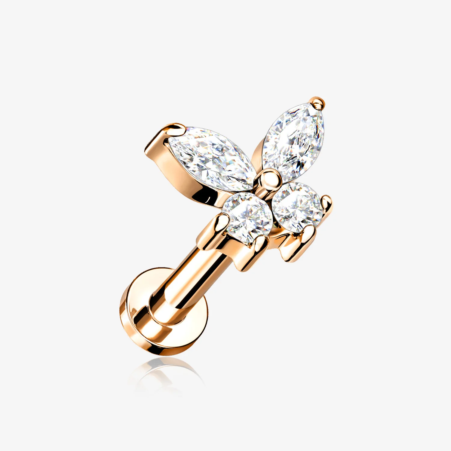 Rose Gold Butterfly Sparkle Prong Set Top Internally Threaded Steel Flat Back Stud Labret
