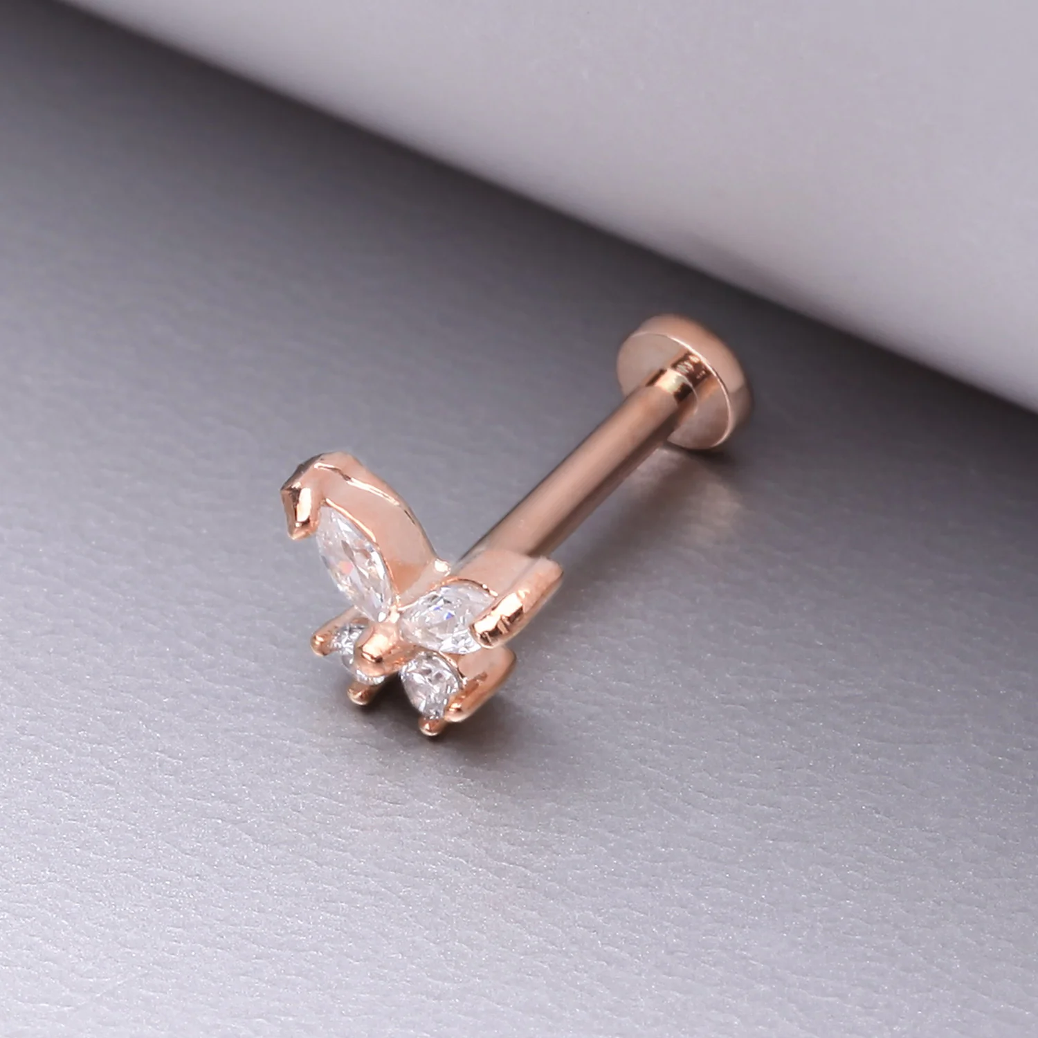 Rose Gold Butterfly Sparkle Prong Set Top Internally Threaded Steel Flat Back Stud Labret - Image 2