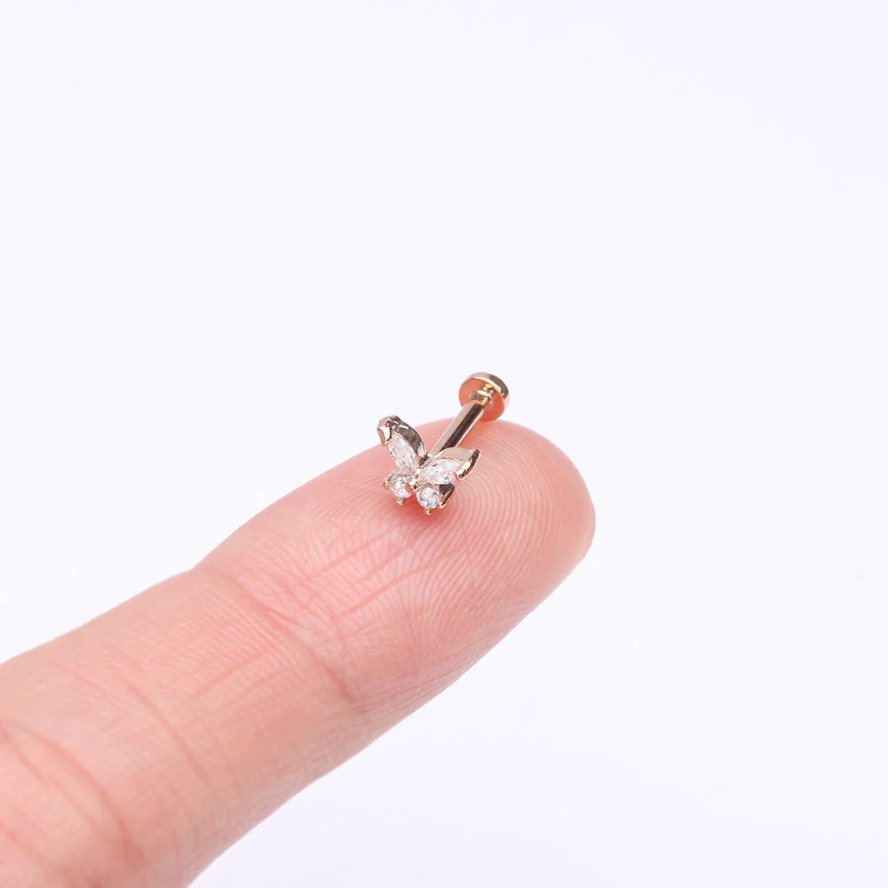 Rose Gold Butterfly Sparkle Prong Set Top Internally Threaded Steel Flat Back Stud Labret - Image 3