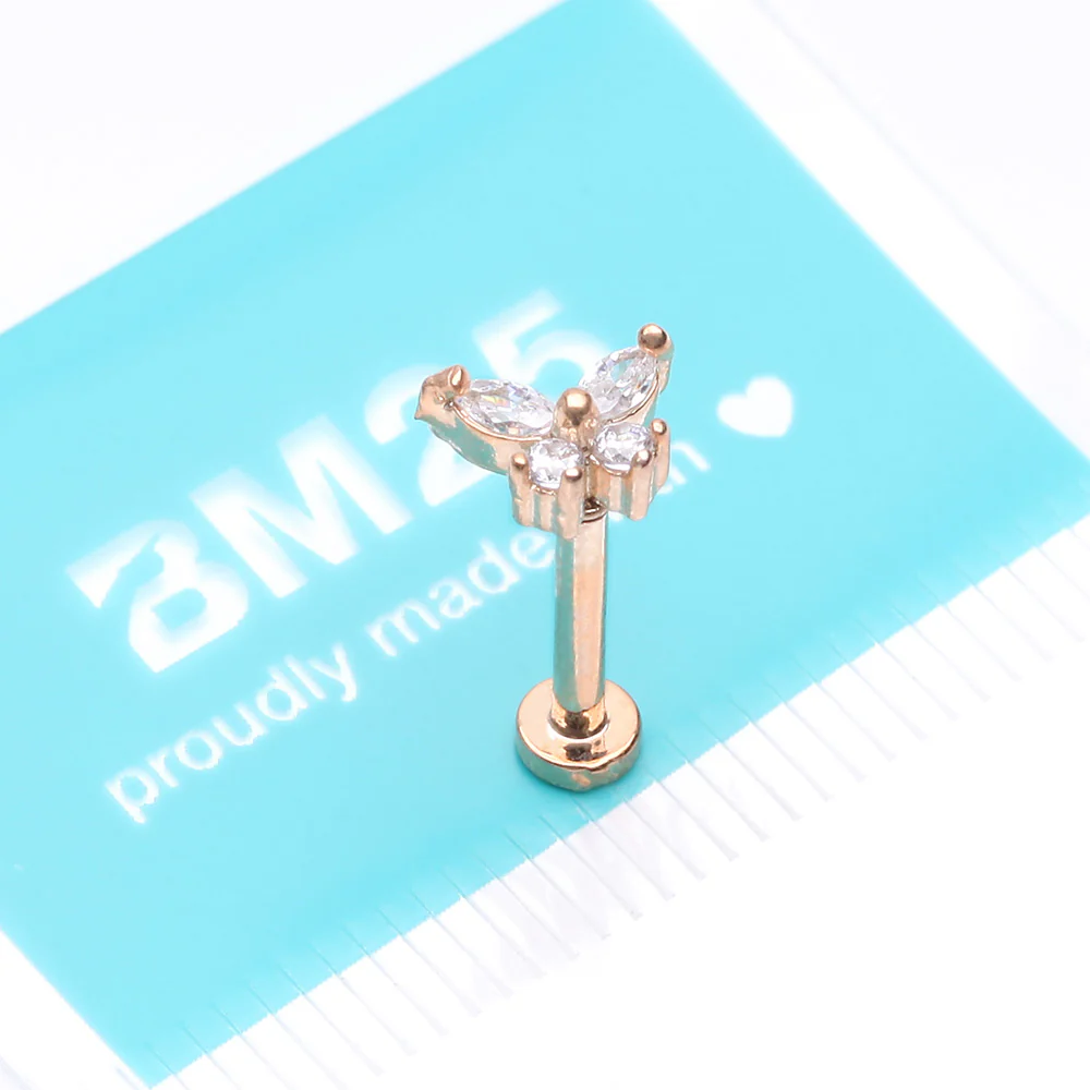 Rose Gold Butterfly Sparkle Prong Set Top Internally Threaded Steel Flat Back Stud Labret - Image 4