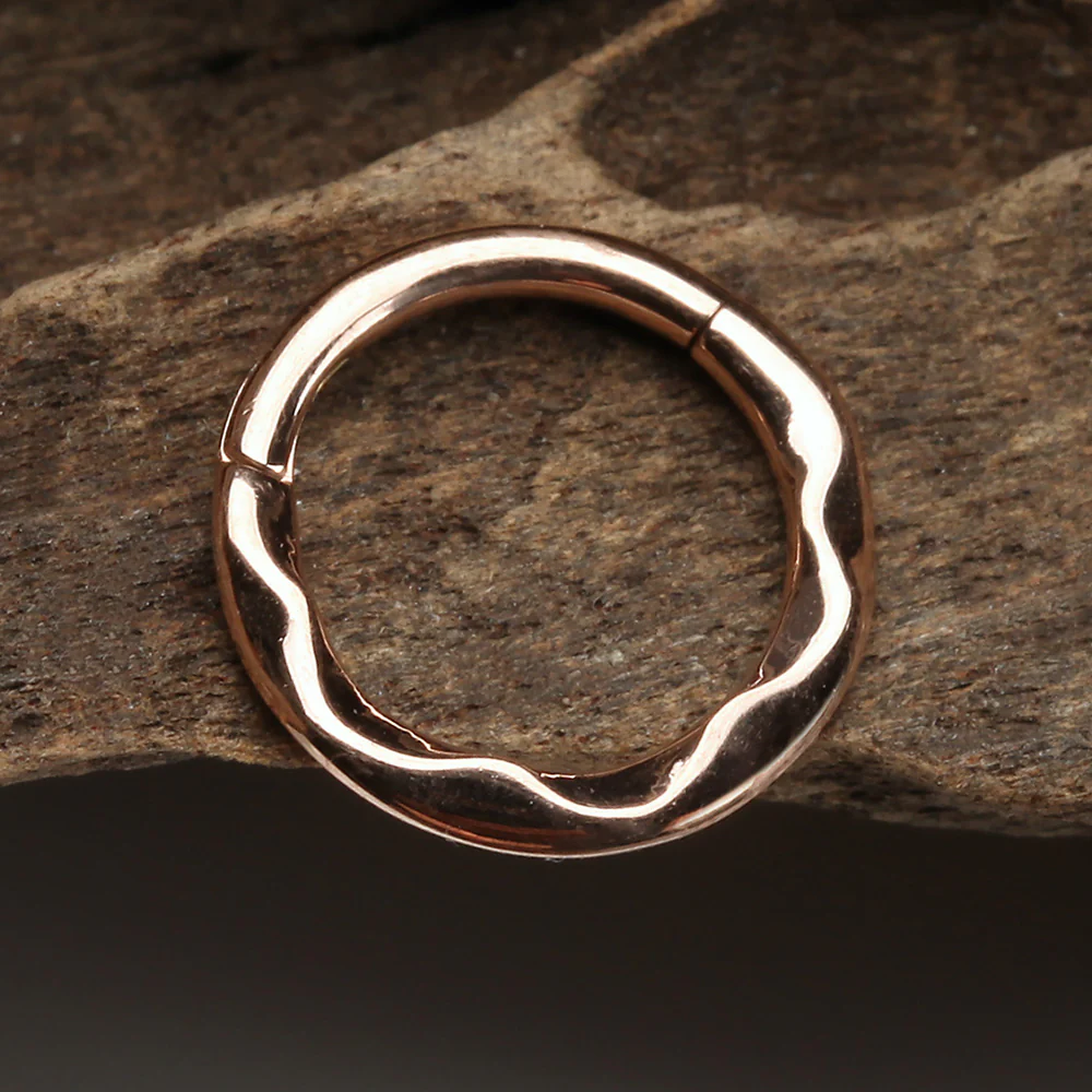 Rose Gold Classic Hammered Wave Seamless Clicker Hoop Ring - Image 3