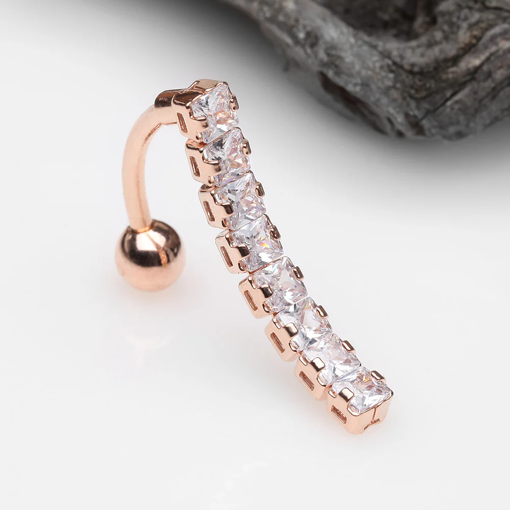 Rose Gold Classic Princess Gems Vertical Sparkle Reverse Belly Button Ring - Image 3