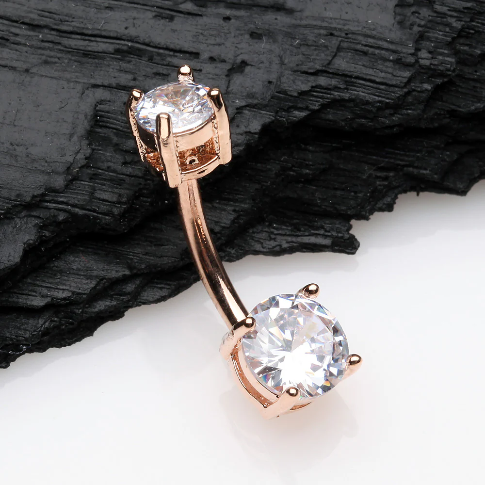 Rose Gold Classic Sparkle Gem Prong Set Internally Threaded Belly Button Ring - Image 3
