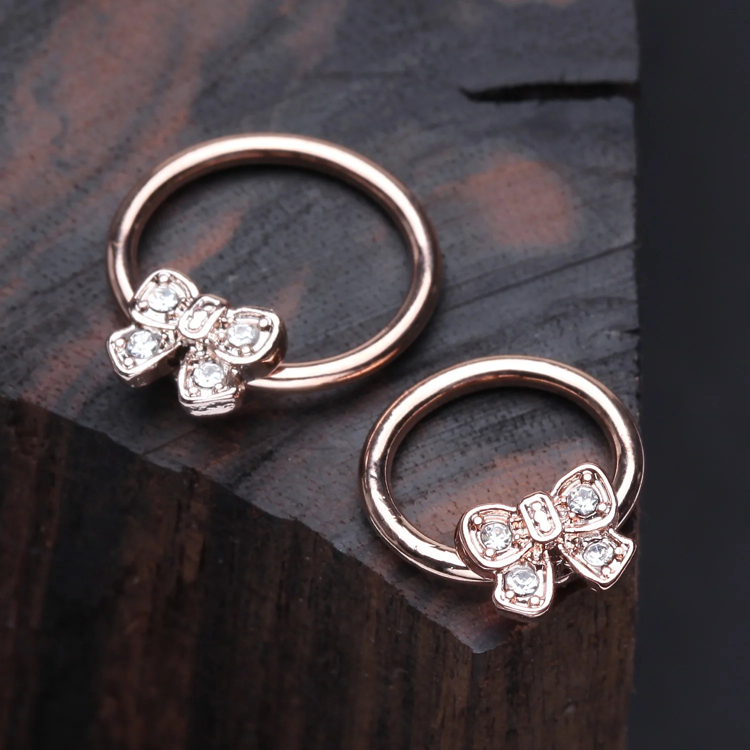 Rose Gold Dainty Bow-Tie Sparkle Captive Bead Ring - Image 2
