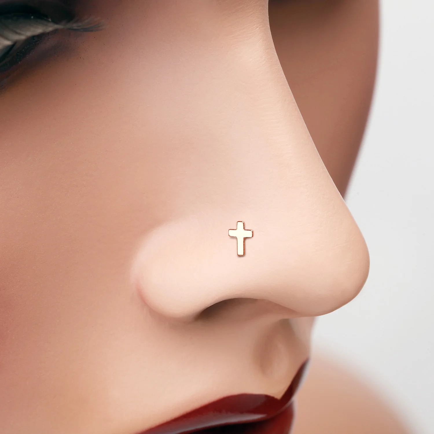 Rose Gold Dainty Cross Icon L-Shaped Nose Ring - Image 2