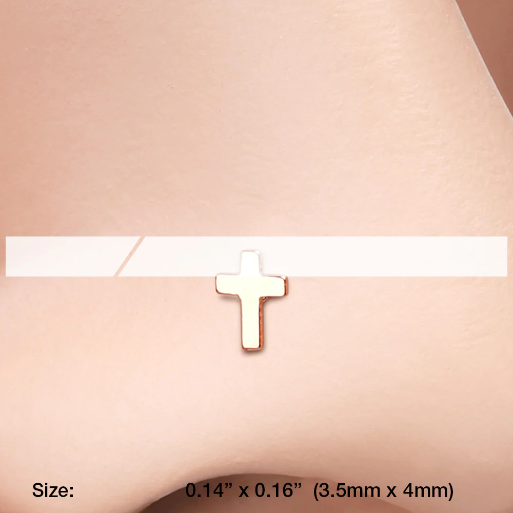 Rose Gold Dainty Cross Icon L-Shaped Nose Ring - Image 3