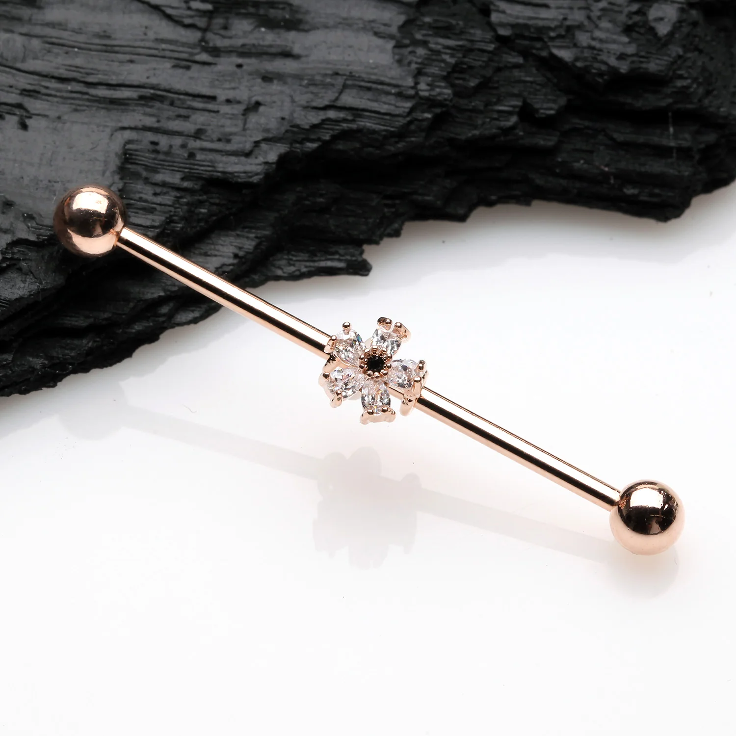 Rose Gold Dainty Flower Sparkle Dazzle Industrial Barbell - Image 2