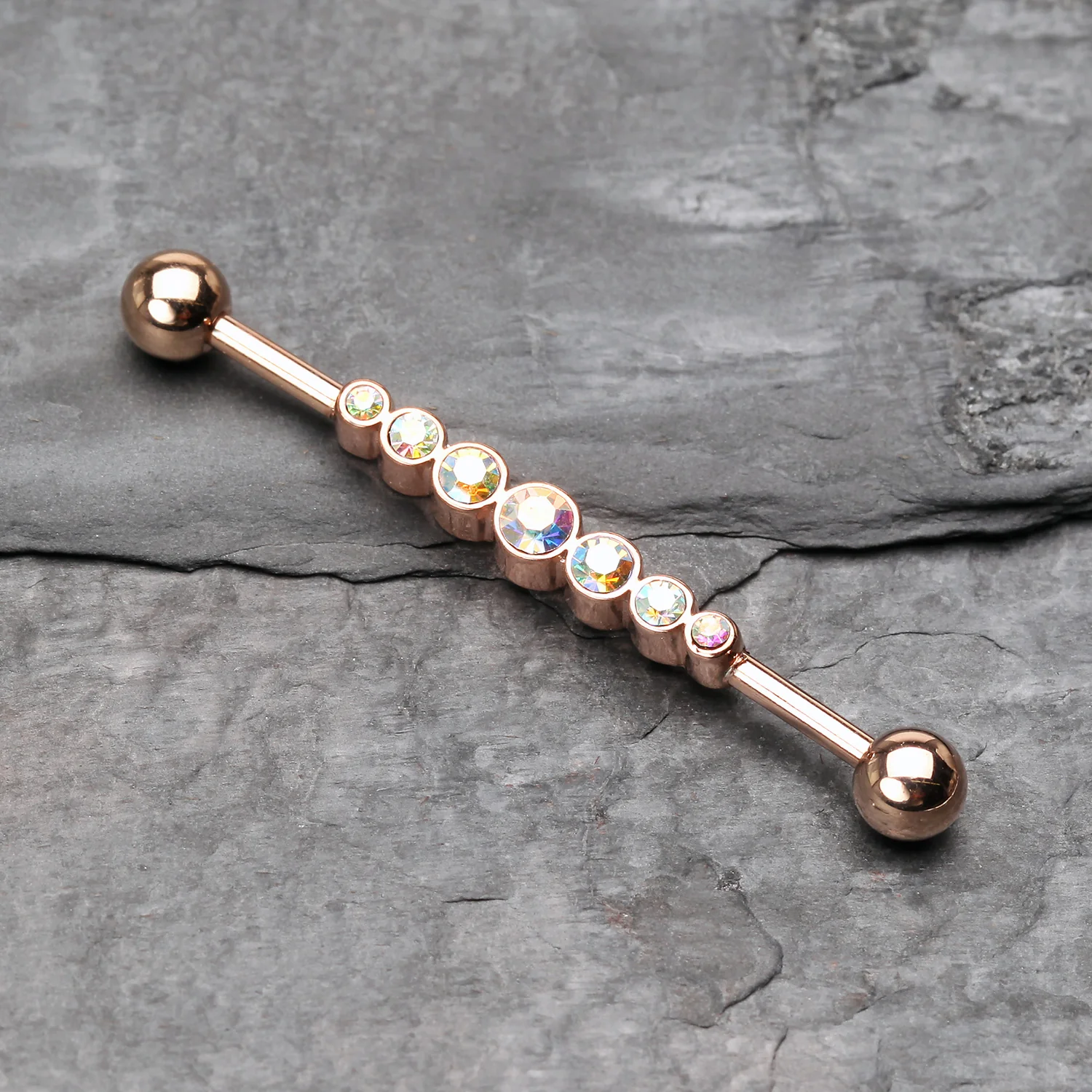 Rose Gold Dazzling Gem Row Industrial Barbell - Image 2
