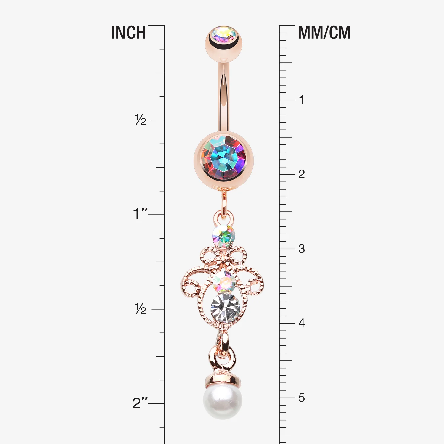 Rose Gold Elegant Jeweled Pearl Dangle Belly Button Ring - Image 2