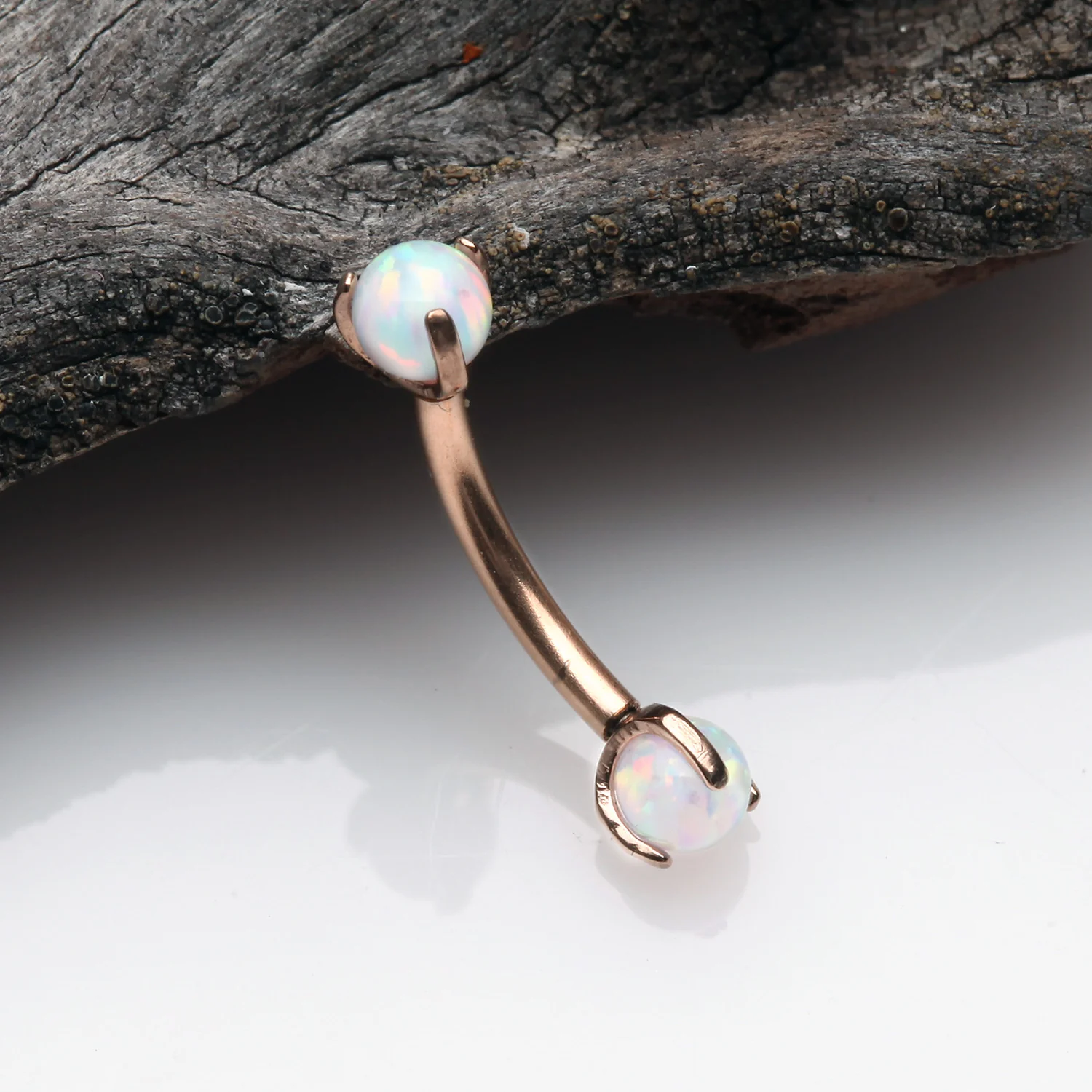 Rose Gold Fire Opal Claw Prong Set Sparkle Internally Threaded Curved Barbell - Image 2