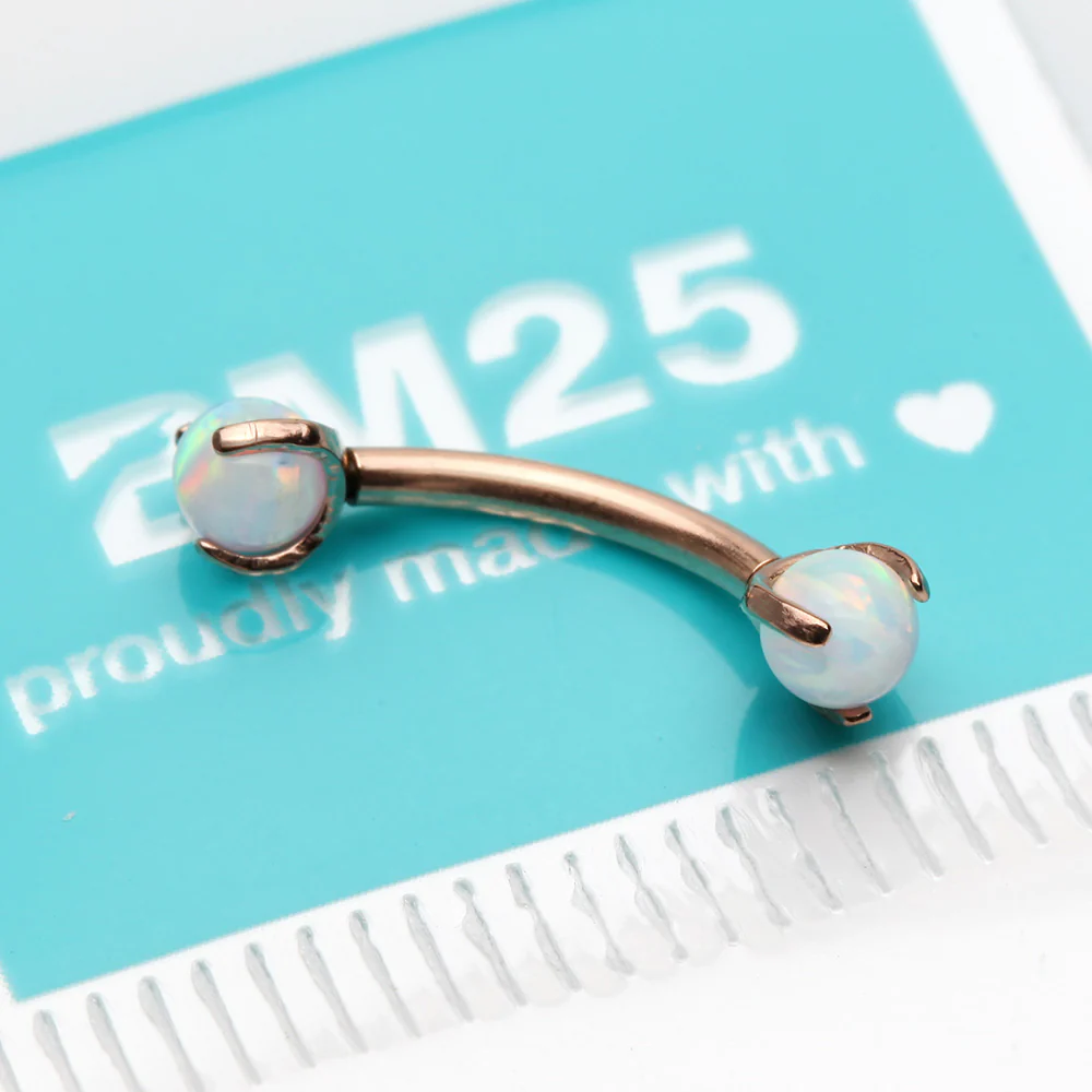 Rose Gold Fire Opal Claw Prong Set Sparkle Internally Threaded Curved Barbell - Image 3