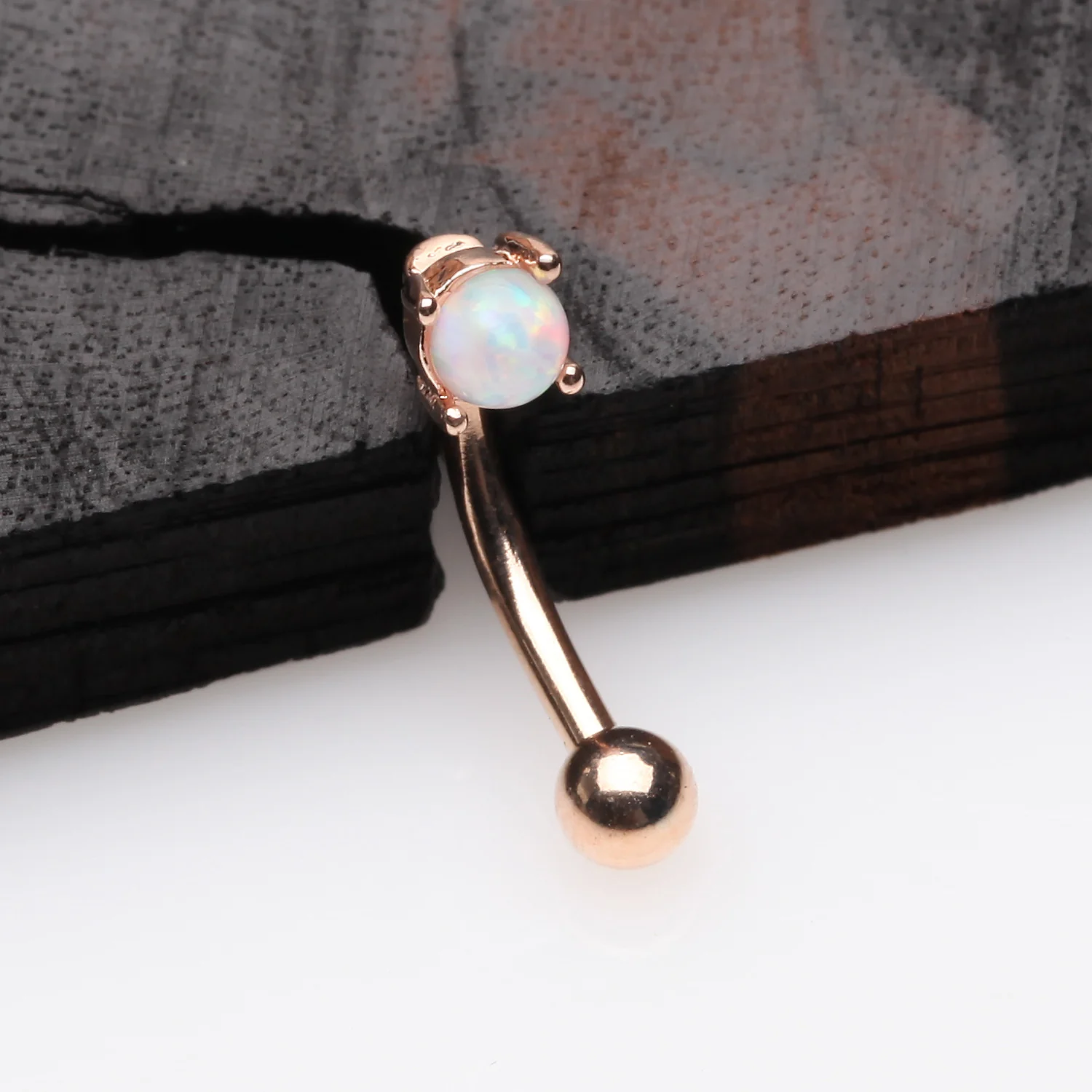 Rose Gold Fire Opal Prong Set Sparkle Curved Barbell - Image 2