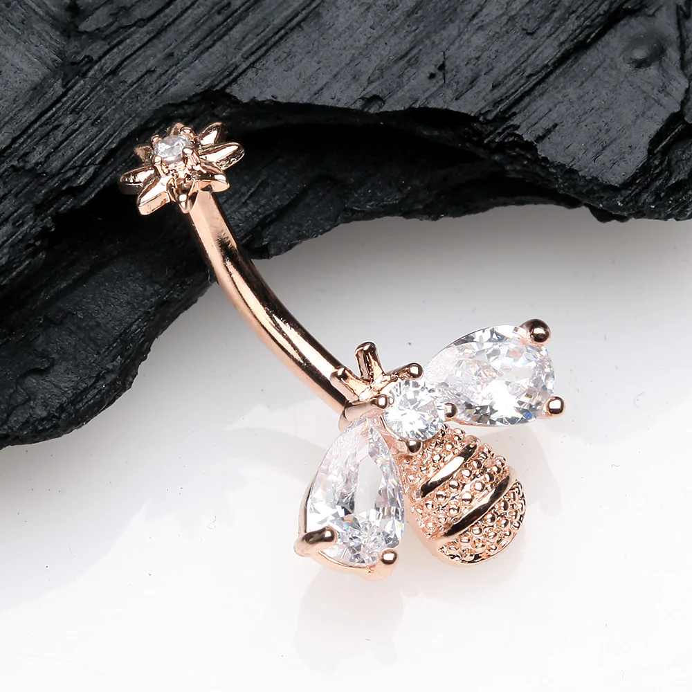 Rose Gold Flower Sparkle Honey Bee Internally Threaded Belly Button Ring - Image 3
