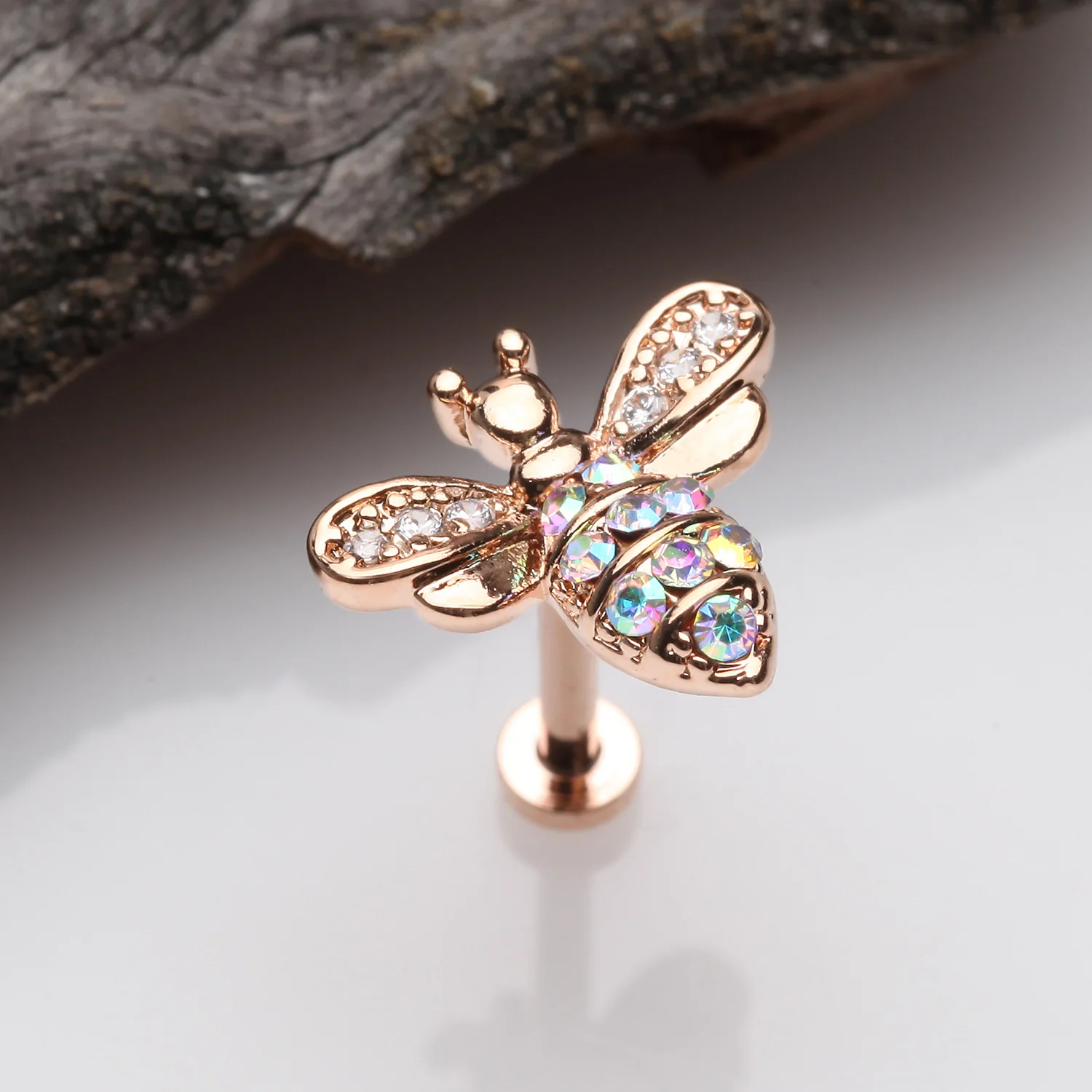 Rose Gold Glistening Honey Bee Sparkle Internally Threaded Labret - Image 2