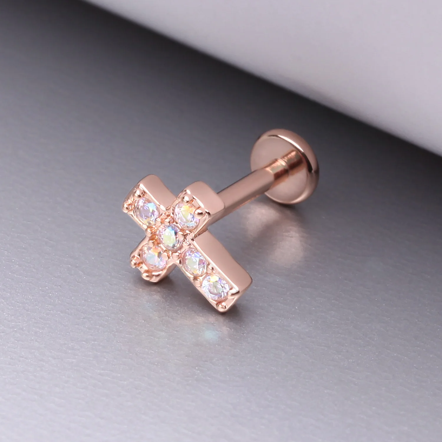 Rose Gold Grand Sparkle Cross Top Internally Threaded Steel Flat Back Stud Labret - Image 2