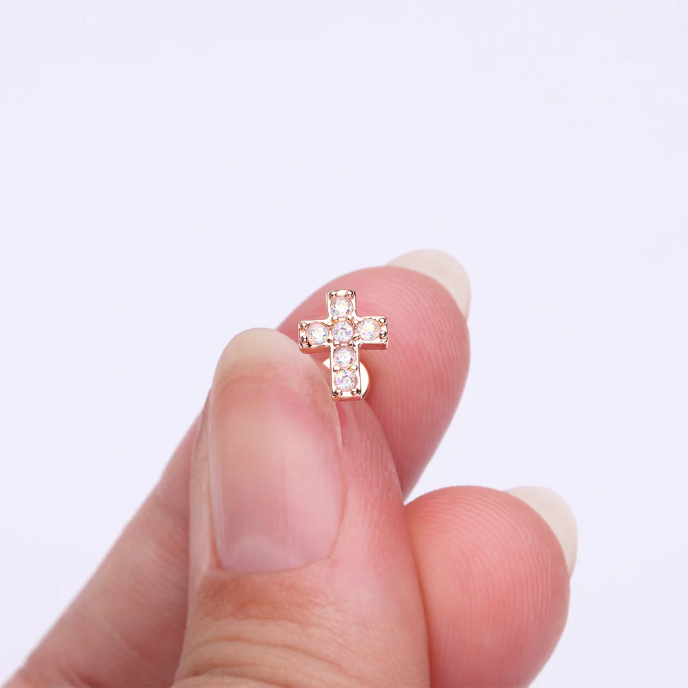 Rose Gold Grand Sparkle Cross Top Internally Threaded Steel Flat Back Stud Labret - Image 3