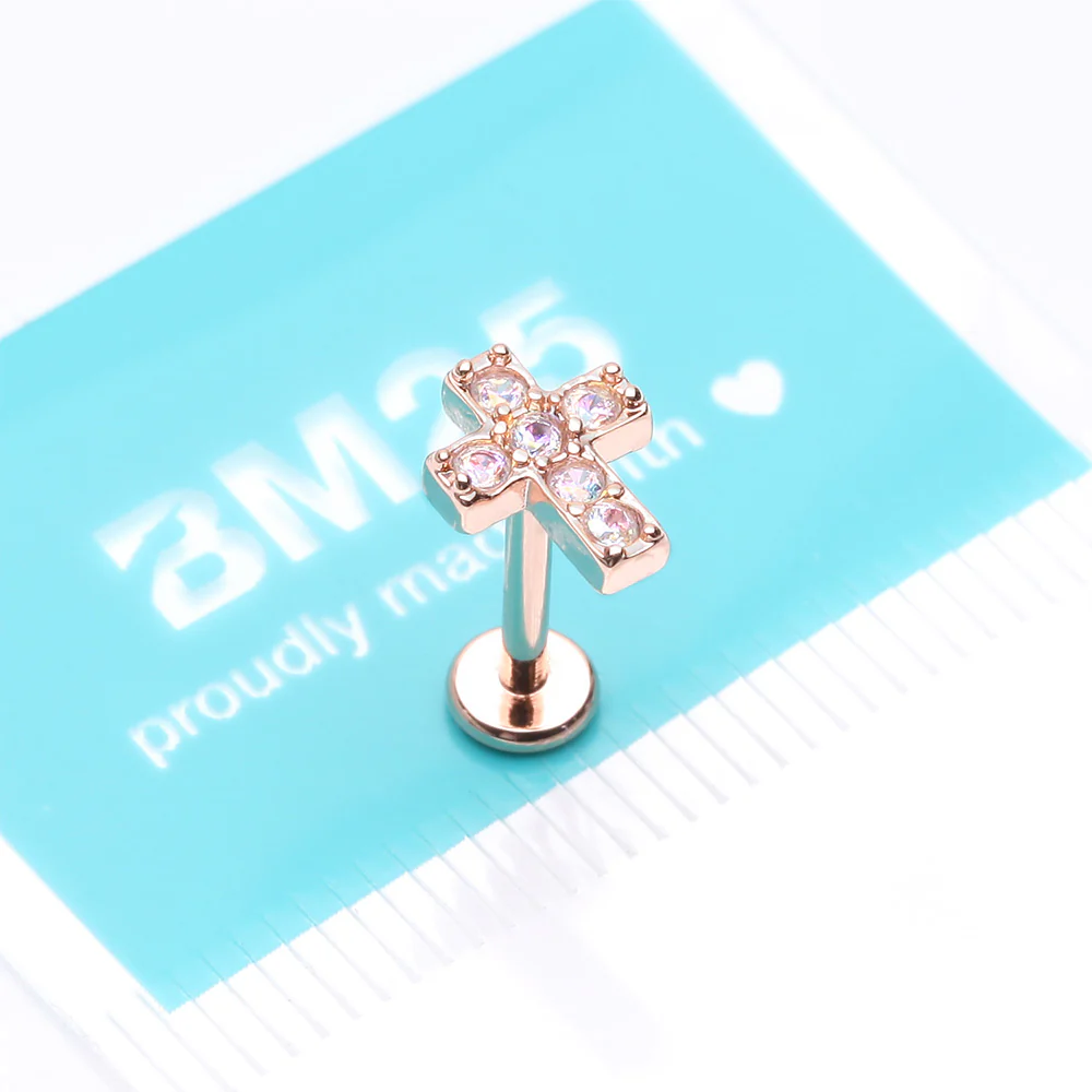 Rose Gold Grand Sparkle Cross Top Internally Threaded Steel Flat Back Stud Labret - Image 4