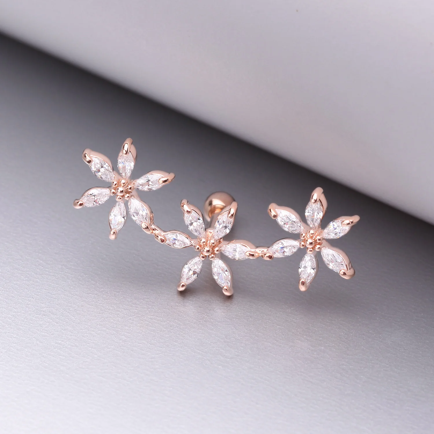 Rose Gold Grand Sparkle Triple Flowers Steel Cartilage Tragus Barbell Stud - Image 2