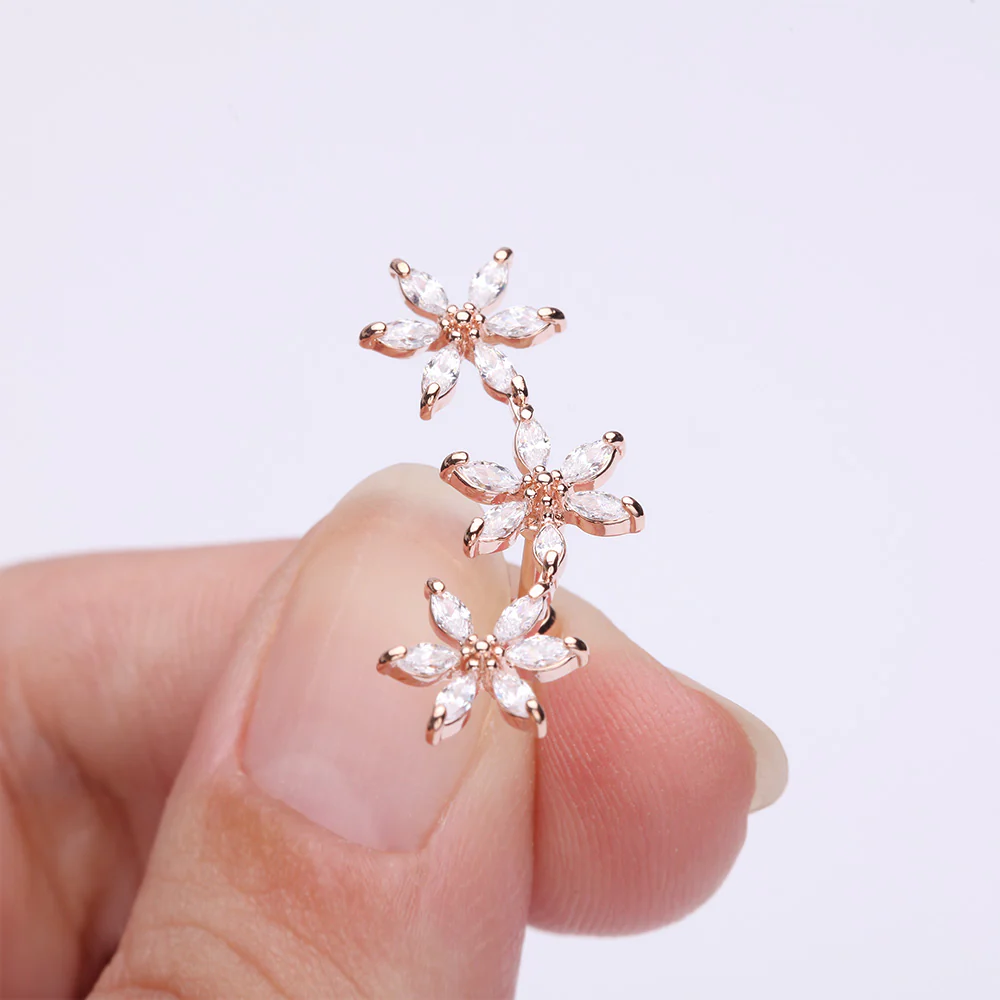 Rose Gold Grand Sparkle Triple Flowers Steel Cartilage Tragus Barbell Stud - Image 3