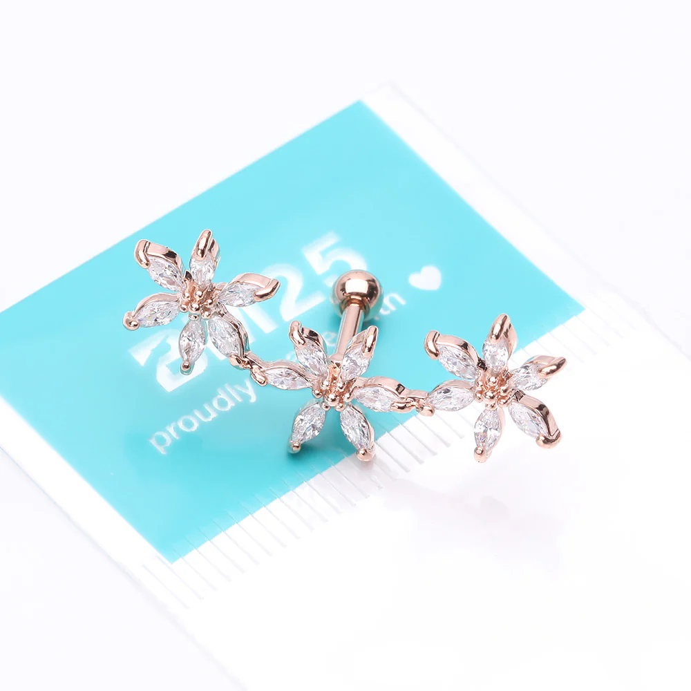 Rose Gold Grand Sparkle Triple Flowers Steel Cartilage Tragus Barbell Stud - Image 4