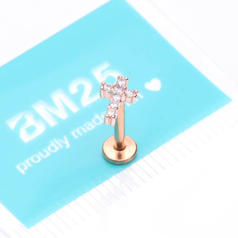 Rose Gold Holy Cross Sparkle Top Internally Threaded Steel Flat Back Stud Labret - Image 4